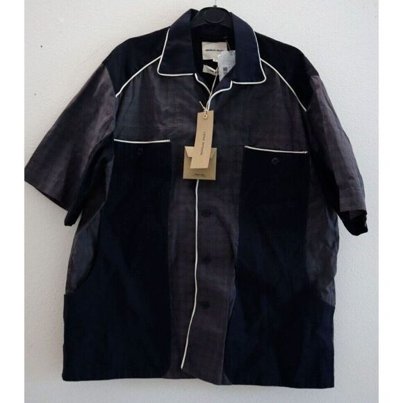 Nicholas Daley SS22 Men's Sz Small Navy Check V-Neck Cotton Bowling Shirt $465 - Picture 1 of 10